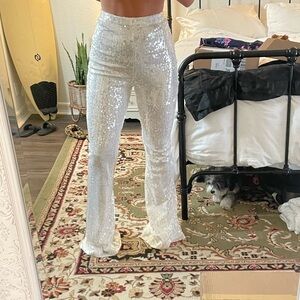 NWT Nadine Merabi White Sequin Bridal Flare Pants